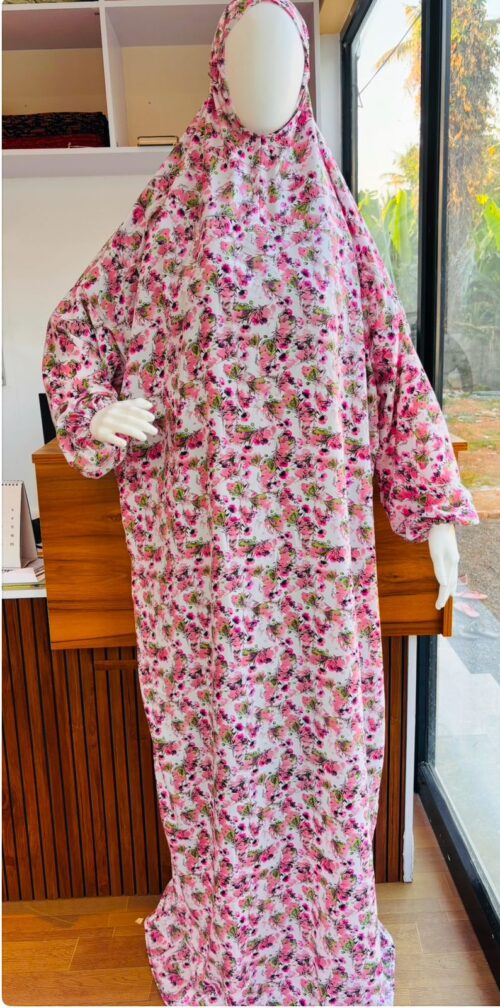 Islamic Prayer Dress for Women- Free Size (kids and adults)/Niskarakuppayam/Namaz Khimar(pink floral print with leaves print). sizes available [ S , L , XL , 2XL ]