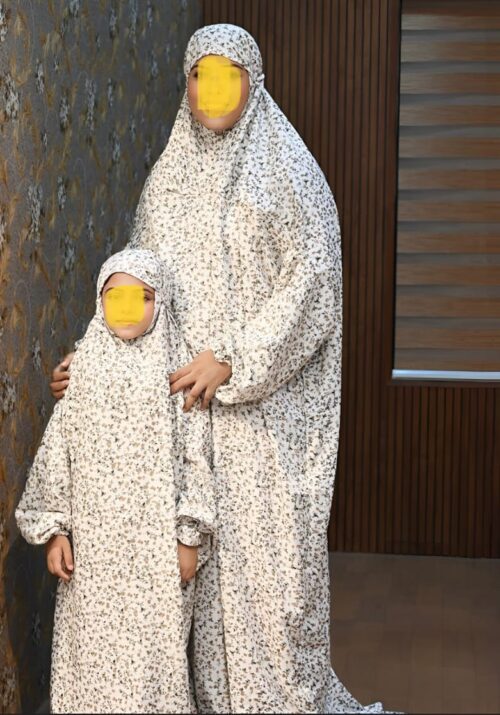 comfortable soft Islamic Prayer Dress for Women- Free Size (kids and adults)/Niskarakuppayam/Namaz Khimar (white pattern print). sizes available [ S , L , XL , 2XL ]