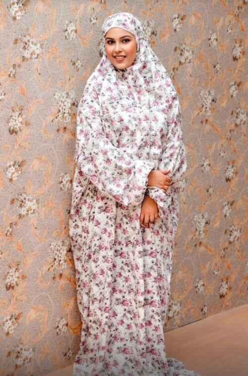 comfortable soft Islamic Prayer Dress for Women- Free Size (kids and adults)/Niskarakuppayam/Namaz Khimar (lavender floral print with leaves print). sizes available [ S , L , XL , 2XL ]